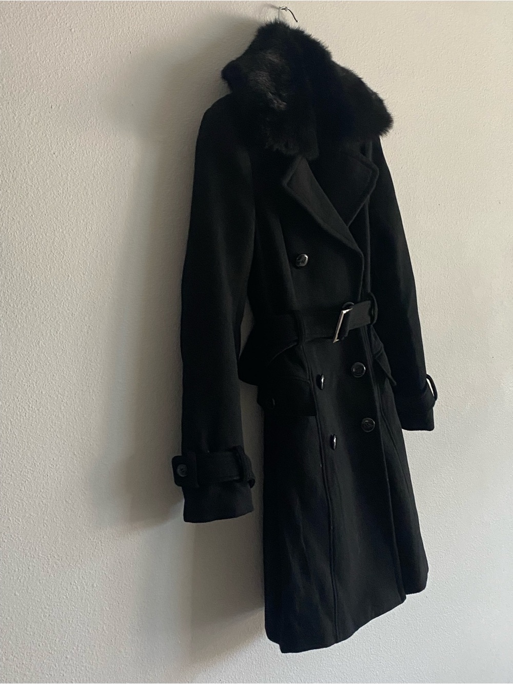 bebe Black Double-Breasted Trench Coat with Faux Fur Collar - Picture 4 of 9